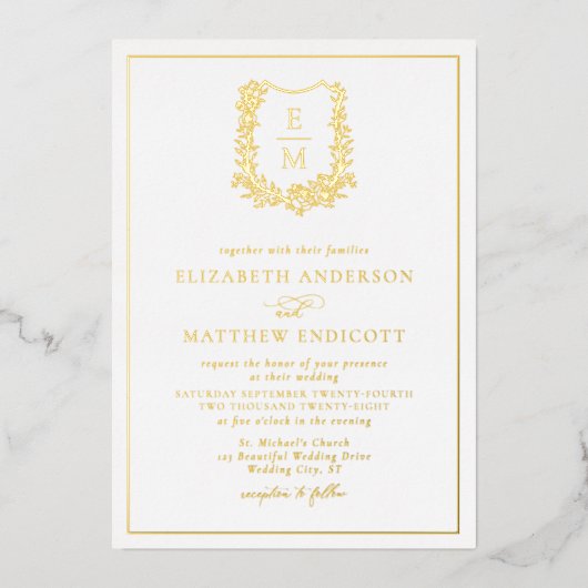 Elegantes Monogramm-Wappen Hochzeit Gold Folieneinladung (Vorderseite)