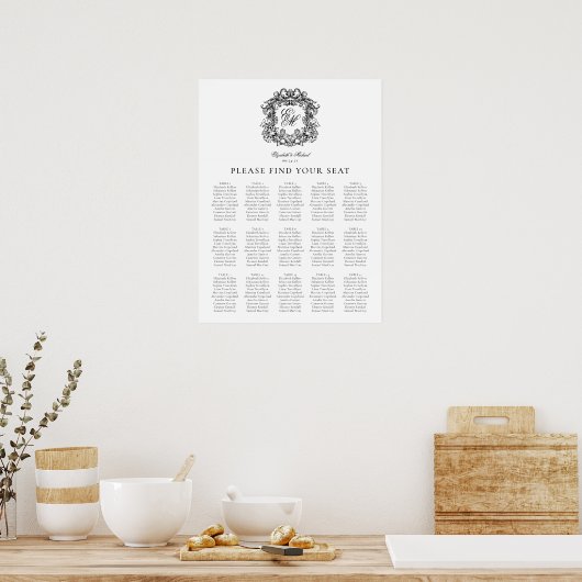 Elegantes Monogramm-Wappen Hochzeitstabelle Poster (Küche)