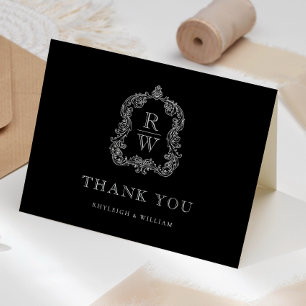 Elegantes Monogramm Wappen Schwarz-Weiß-Hochzeit Dankeskarte