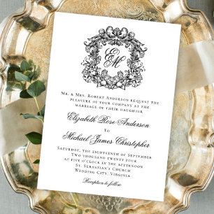 Elegantes Monogramm-Wappen Schwarz-Weiß-Hochzeit Einladung