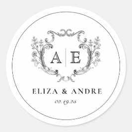 Elegantes Monogramm Wappen Schwarz-Weiß-Hochzeit Runder Aufkleber