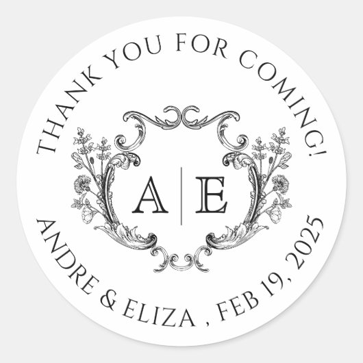Elegantes Monogramm Wappen Schwarz-Weiß-Hochzeit Runder Aufkleber (Vorderseite)