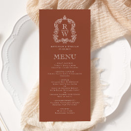 Elegantes Monogramm-Wappen-Terrakotta-Hochzeit Menükarte