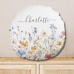 Elegantes Monogramm Wasserfarbe Bunte Wildblume Rundes Kissen