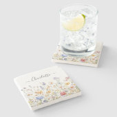 Elegantes Monogramm Wasserfarbe Bunte Wildblume Steinuntersetzer (Seitenansicht)