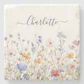 Elegantes Monogramm Wasserfarbe Bunte Wildblume Steinuntersetzer (Vorderseite)