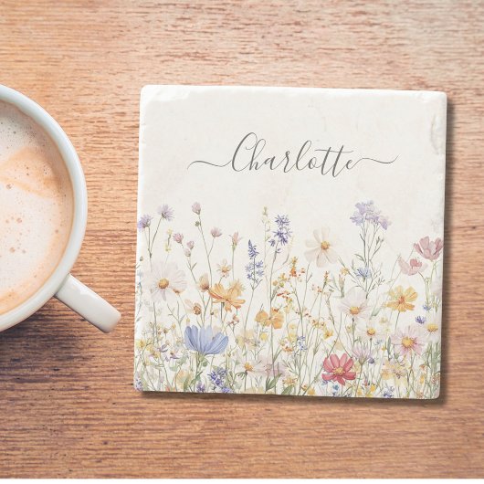 Elegantes Monogramm Wasserfarbe Bunte Wildblume Steinuntersetzer