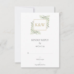 Elegantes Monogramm Wasserfarbe Grünpflanzen Hochz RSVP Karte