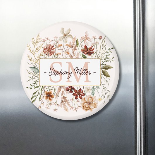 Elegantes Monogramm Wasserfarbe Herbst Wildblumen  Magnet