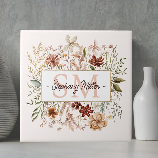 Elegantes Monogramm-Wasserfarben-Herbst-Wildblumen Fliese