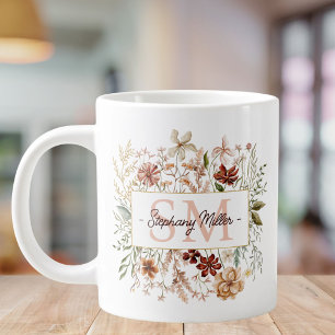 Elegantes Monogramm-Wasserfarben-Herbst-Wildblumen Jumbo-Tasse