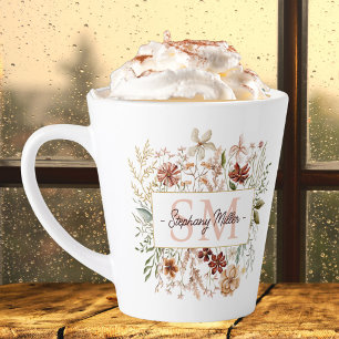 Elegantes Monogramm-Wasserfarben-Herbst-Wildblumen Milchtasse