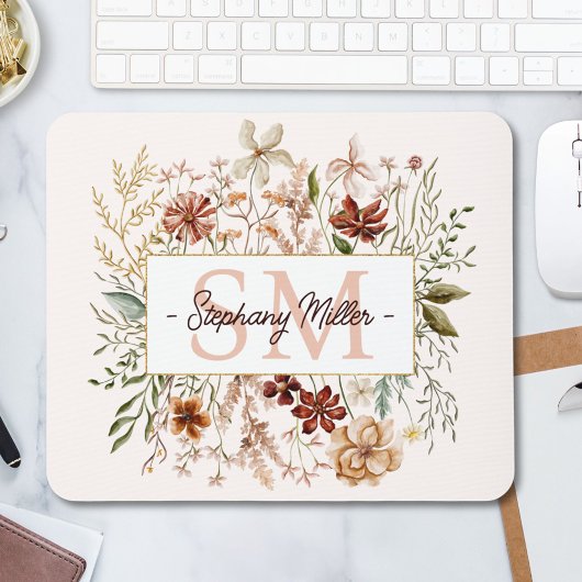 Elegantes Monogramm-Wasserfarben-Herbst-Wildblumen Mousepad
