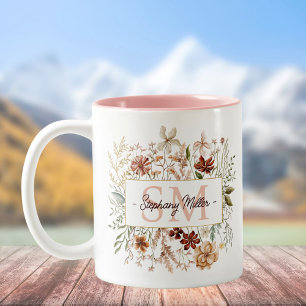Elegantes Monogramm-Wasserfarben-Herbst-Wildblumen Zweifarbige Tasse