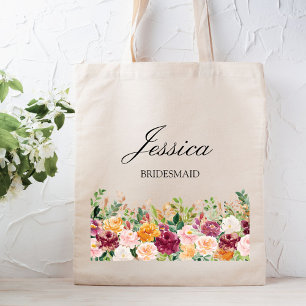 Elegantes Monogramm-Wasserfarben-Rosen-Blumen-Brau Tragetasche