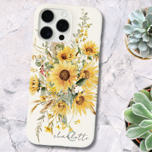 Elegantes Monogramm-Wasserfarben-Sonnenblumenbouqu iPhone 16 Pro Max Hülle