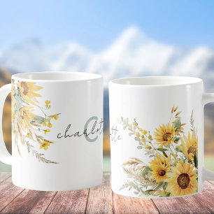 Elegantes Monogramm-Wasserfarben-Sonnenblumenbouqu Kaffeetasse