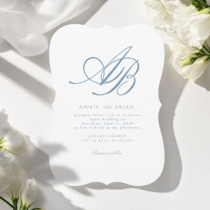 Elegantes Monogramm Weiße Blaue Hochzeit Einladung