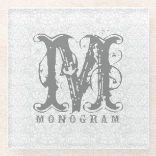 Elegantes Monogramm Weiße und Graue Damastmuster Glasuntersetzer