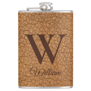 Elegantes monogrammiertes braunes Kunstleder Etui Flachmann