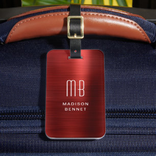 Elegantes monogrammiertes rotes gebürstetes Metall Gepäckanhänger