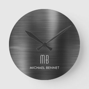 Elegantes monogrammiertes schwarzes metallisches B Runde Wanduhr