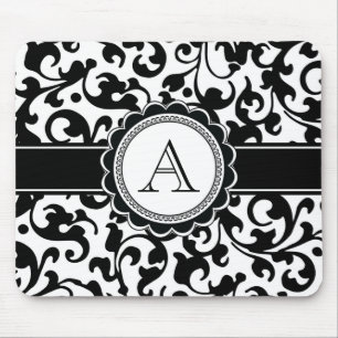 Elegantes monogrammiertes Scroll-Damaskus Schwarz Mousepad