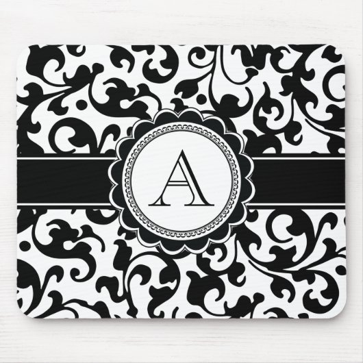 Elegantes monogrammiertes Scroll-Damaskus Schwarz Mousepad (Vorne)