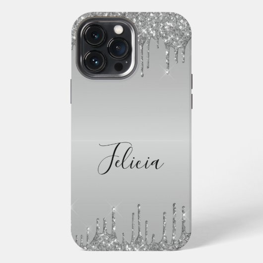 Elegantes, monogrammiertes Silber-Drip-Glitter iPhone Hülle (Rückseite)