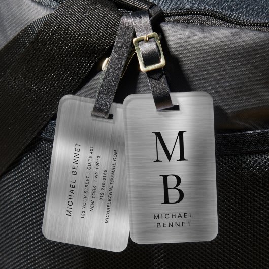 Elegantes monogrammiertes Silber gebürstet Metalli Gepäckanhänger