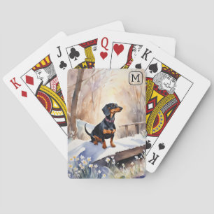 Elegantes monogrammiertes Wasserfarben-Dachshund-H Spielkarten
