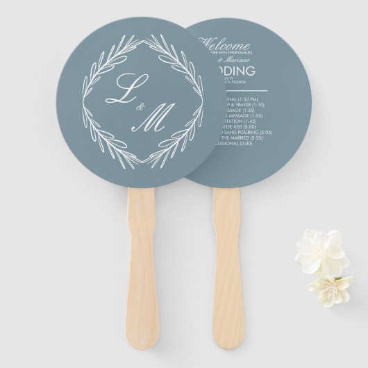 Elegantes monogrammiertes Zweig-Hochzeitsprogramm Fächer (Vorne und Hinten)