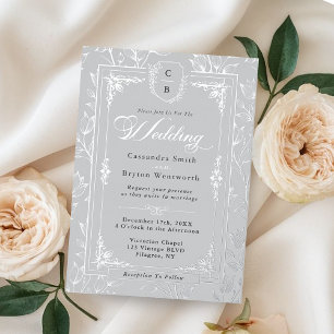 Elegantes Monogrammwappen Grau Silber Rahmen Hochz Folieneinladung