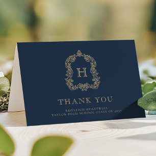 Elegantes Monogrammwappen in Marineblau und Gold z Dankeskarte