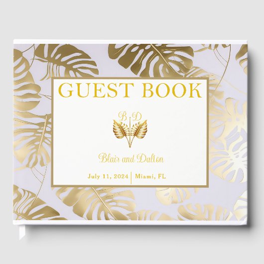 Elegantes Monstera Gilded Gold Wedding Gästebuch (Vorderseite)