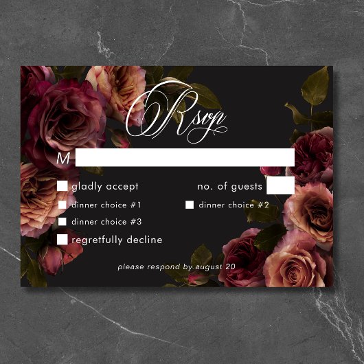Elegantes Moody Mled Rust & Burgundy Floral Dinner RSVP Karte