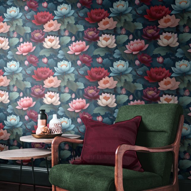 Elegantes Moody Modern Lotus Blume Muster Tapete (Elegant Moody Modern Lotus Flower Pattern Wallpaper)