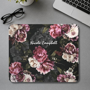Elegantes Moody White Rose Florales Monogramm Desk Mousepad