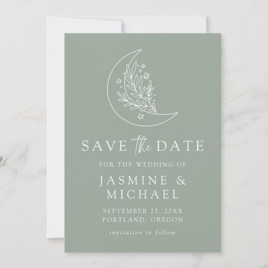Elegantes Moon and Stars Sage Green Foto Save The Date (Vorderseite)