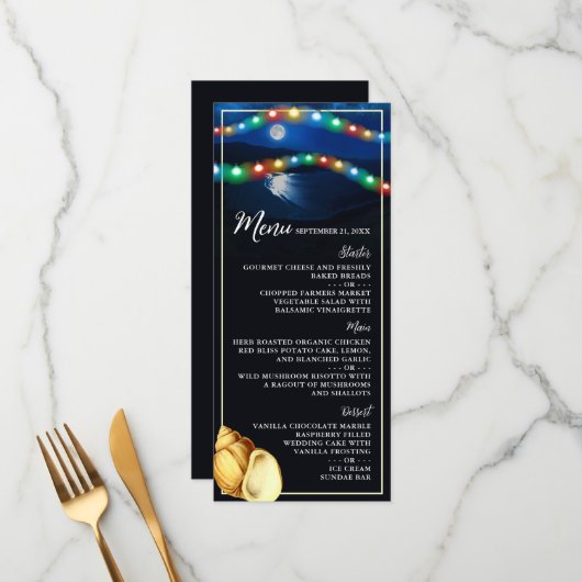 Elegantes Moonlit Beach Wedding Menu Menükarte (Vorderseite/Rückseite Beispiel)