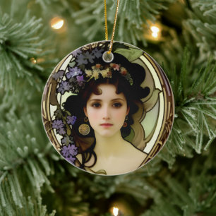 Elegantes Mucha-Stil-Porträt einer schönen Frau Keramik Ornament