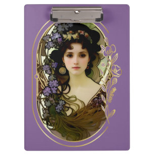 Elegantes Mucha-Stil-Porträt einer schönen Frau Klemmbrett