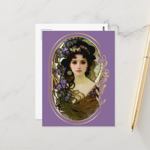 Elegantes Mucha-Stil-Porträt einer schönen Frau Postkarte