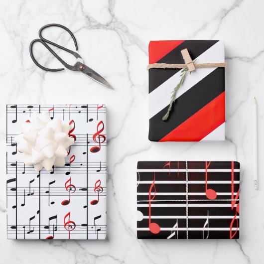 Elegantes Musikblatt Rot, Weiß und Schwarz Geschenkpapier Set (Vorderseite)