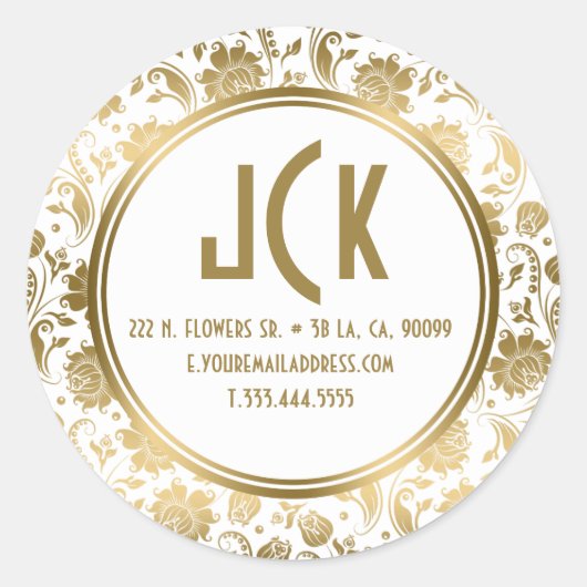 Elegantes Muster aus weißem und goldfarbenem Damas Runder Aufkleber (Vorderseite)