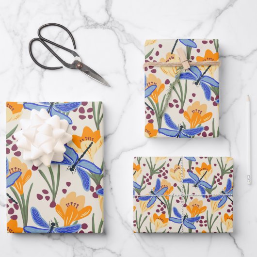 Elegantes Muster für Dragonfly und Crocus Geschenkpapier Set (Vorderseite)