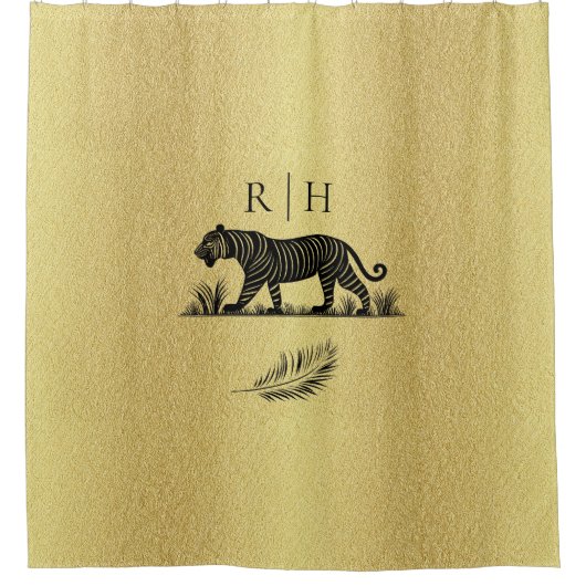Elegantes Muster Gold Black Monogram Duschvorhang (Vorderseite)