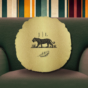 Elegantes Muster Gold Black Monogram Rundes Kissen