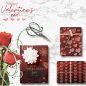 Elegantes Muster Red Gold Hearts Valentine Geschenkpapier Set