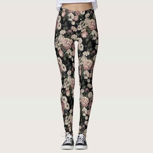Elegantes Muster Rosa Rustikale Blume Blumengarten Leggings (Vorderseite)